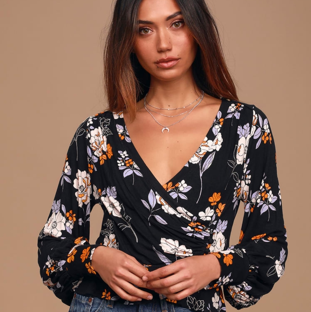 Free People Saturday Night Black Floral Print Long Sleeve Wrap Top in size small